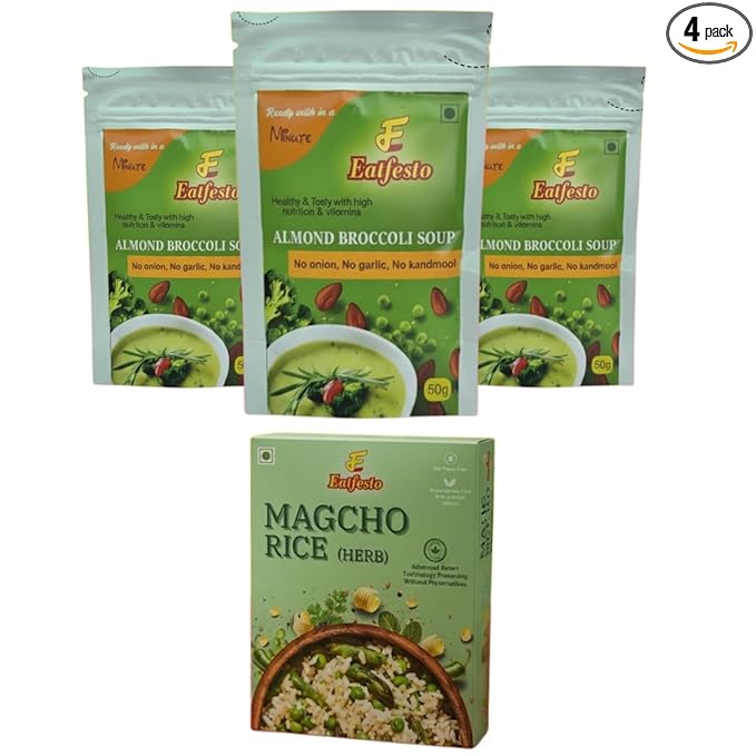 Eatfesto Almond Broccoli Soup | Healthy Instant Soup Mix | No Onion No Garlic | Jain Friendly | Ready in 1 Minute | High Nutrition & Vitamins | MAGCHO RICE (HERB) - Ready-to-Eat Flavourful Herb Pack Of 3 + 1