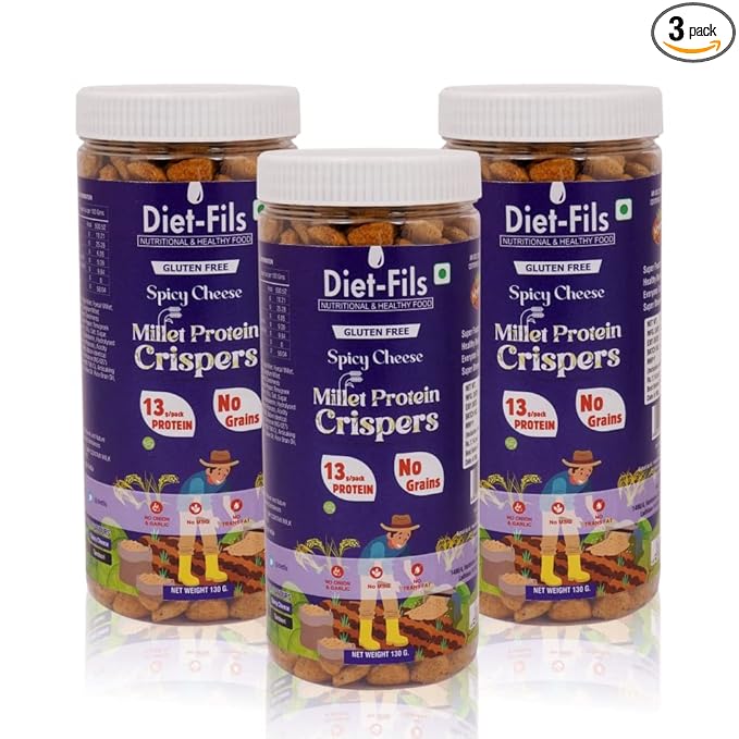 Diet-Fils Millet Protein Crispers Spicy Cheese | No Onion No Garlic | Millet Based | No Grain | Made with Ragi,Browntop Millet,Jowar,Foxtail and Pea Protein | Roasted | Gluten Free | 130 gm x 3