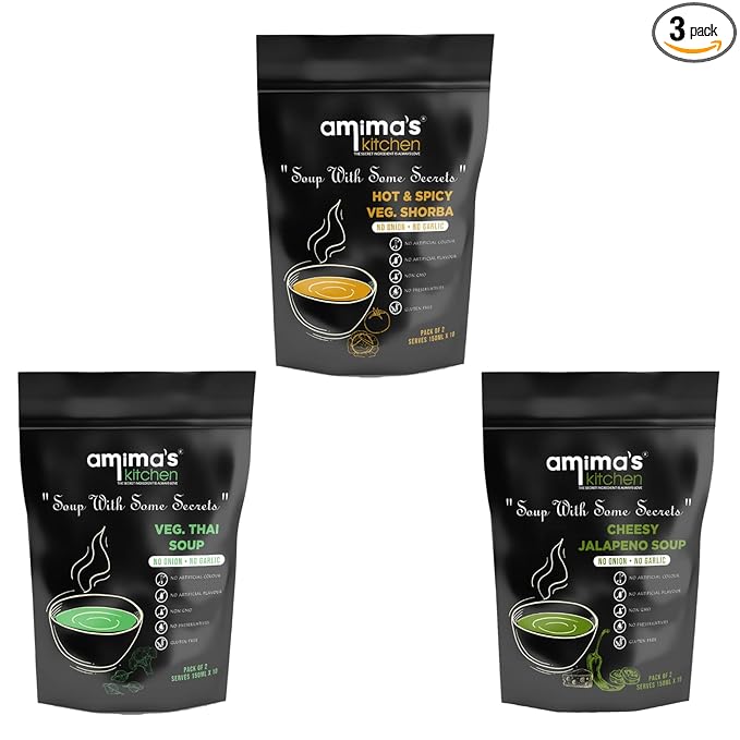 Amima's Kitchen Combo Of Hot & Spicy Veg. Shorba + Veg. Thai + Cheesy Jalapeno Jain Soup (No Onion No Garlic) - 100 Grams (Pack of 3) | Instant Soup Mix Powder | Ready To Cook | No Artificial Flavour & Colour | Gluten Free | Non GMO | Healthy Soup
