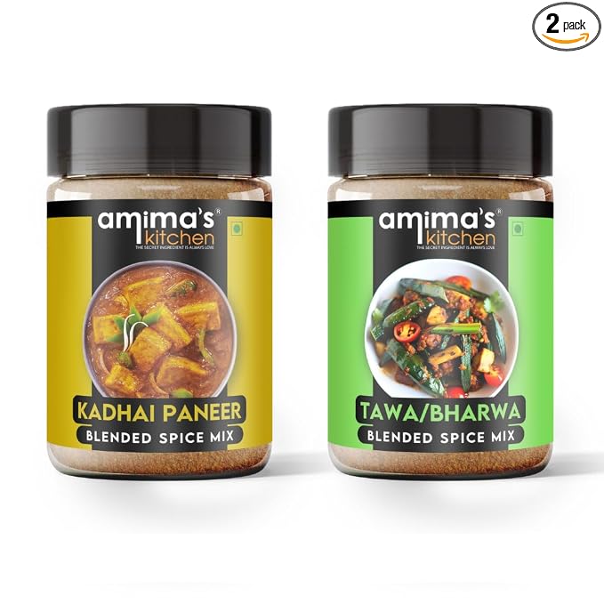 Amima's Kitchen Combo of Kadhai Paneer (100 Grams) + Tawa / Bharva (100 Grams) Jain Spice Mix (No Onion No Garlic)| Pack Of 2 | Blended Spice Mix | For Healthy and Delicious Cooking | No Synthetic Flavour & Color | Ready Masala Powder