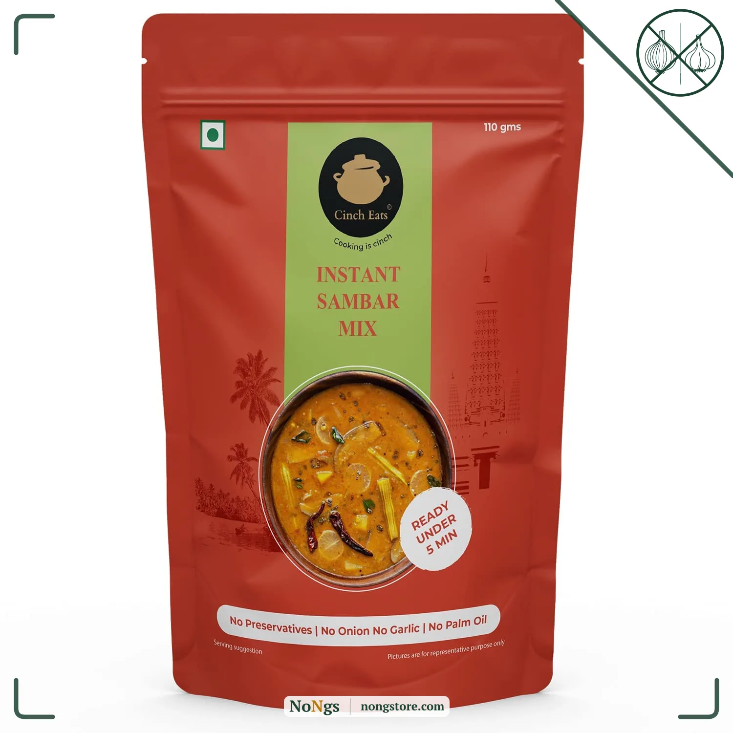 Cinch Eats (Since 1996) Instant Sambar Powder Just Add Oil, Ready Under 5 Min | Tasty Ready To Eat Sambar Mix No Garlic & Onion | No Artificial Colors/Flavours & No Preservatives (110g)