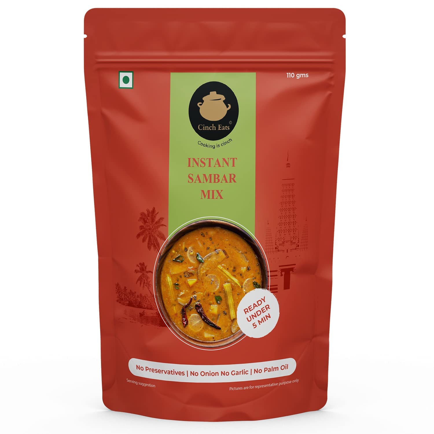 Cinch Eats (Since 1996) Instant Sambar Powder Just Add Oil, Ready Under 5 Min | Tasty Ready To Eat Sambar Mix No Garlic & Onion | No Artificial Colors/Flavours & No Preservatives (110g)