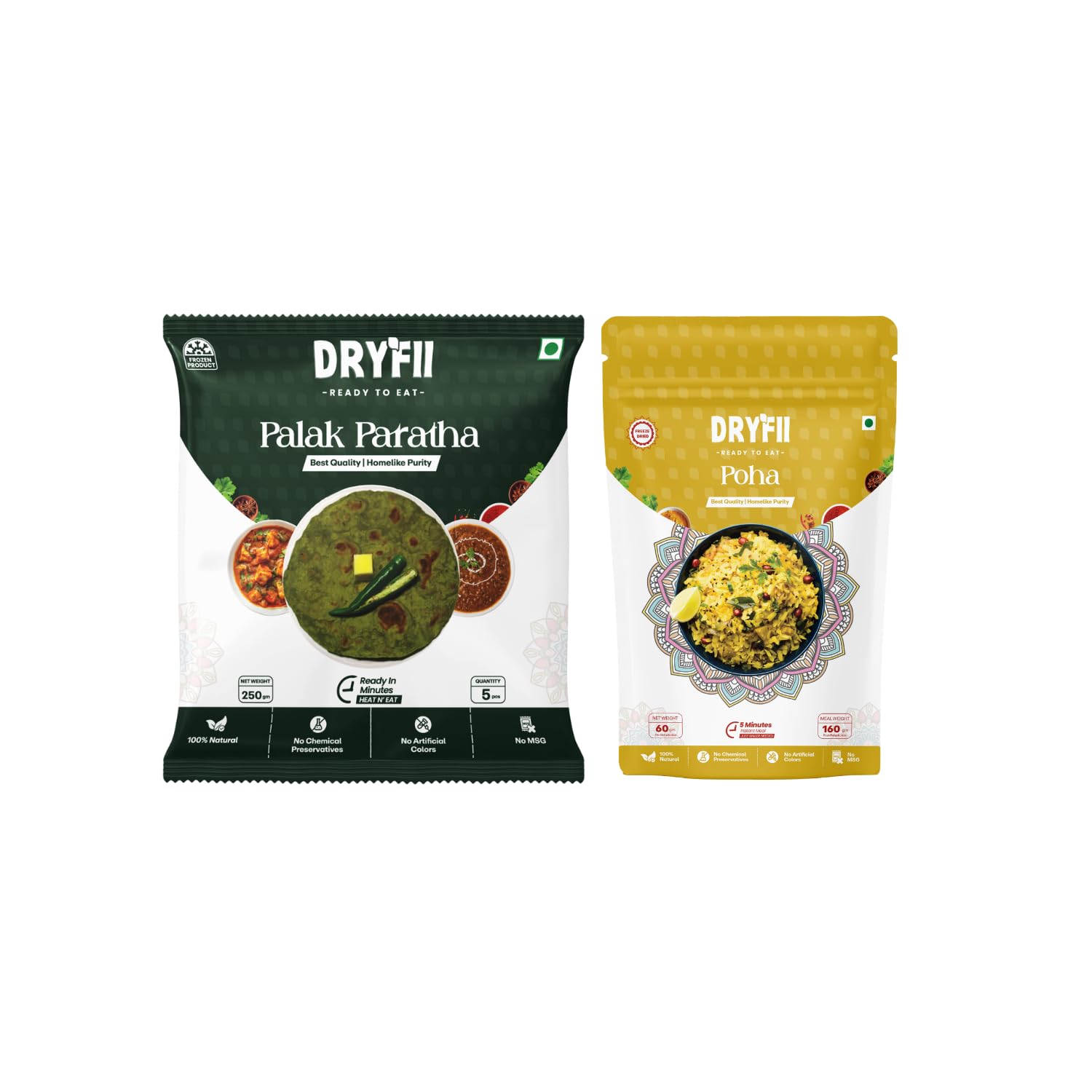 Dryfii Ready-to-Eat Palak Paratha (5 Pcs | 1 Pack) with Jain Poha | Healthy Breakfast Meal | Pure Vegetarian