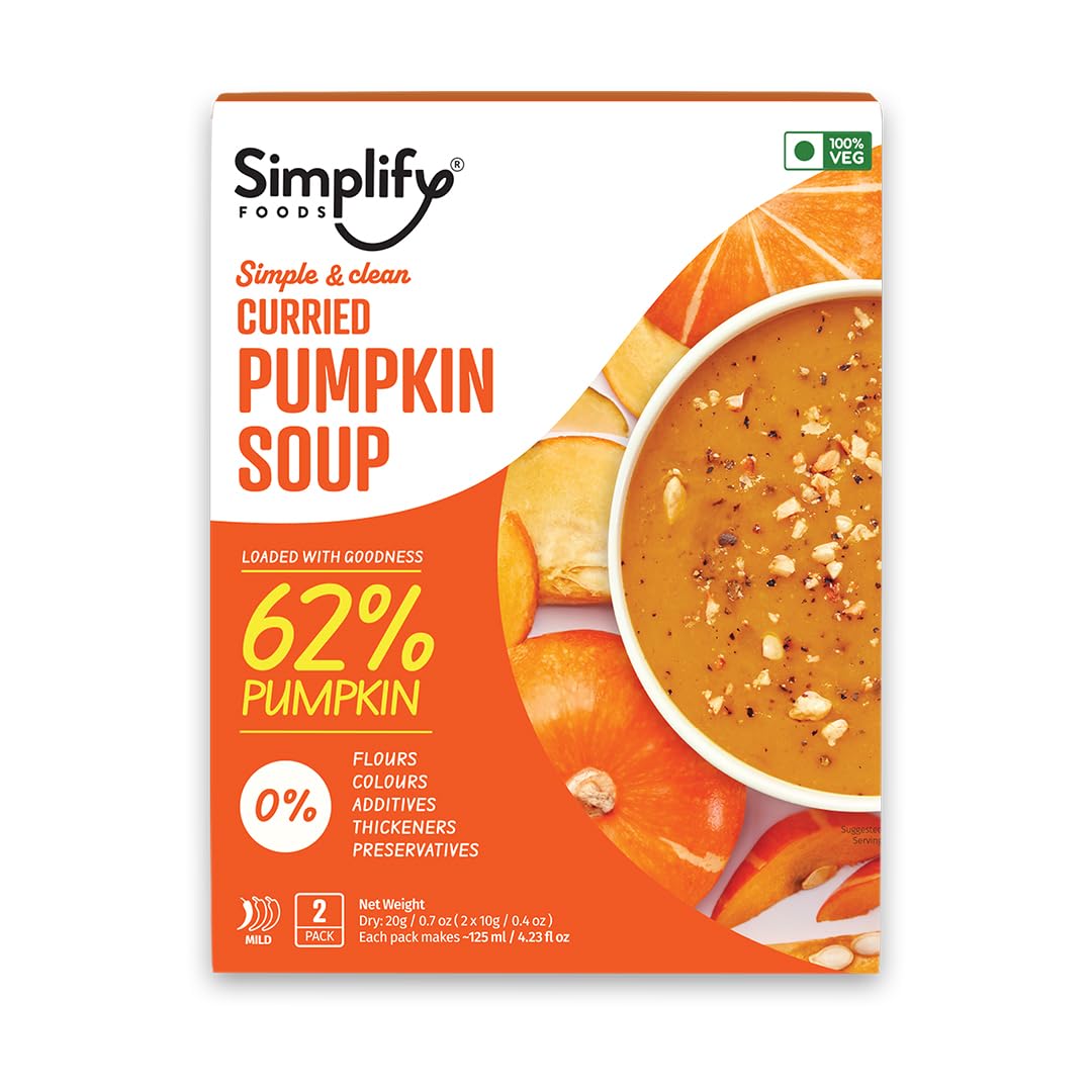 Simplify Foods Curried Pumpkin Instant Soup | Pack of 2 Single-Serve Sachets (Each Makes ~125 ml) | Made with 62% Real Pumpkin | Just Add Hot Water | Travel-Friendly | Clean Label | 0% Additives or Preservatives