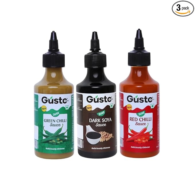 Gusto Foods Chinese Sauces Combo | Red Chilli 200gm + Green Chilli 190gm + Soya Sauce 210gm | Asian Sauces Combo | Ideal for Fried Rice, Noodles, Paneer & Vegetables | No chopping or Prep needed