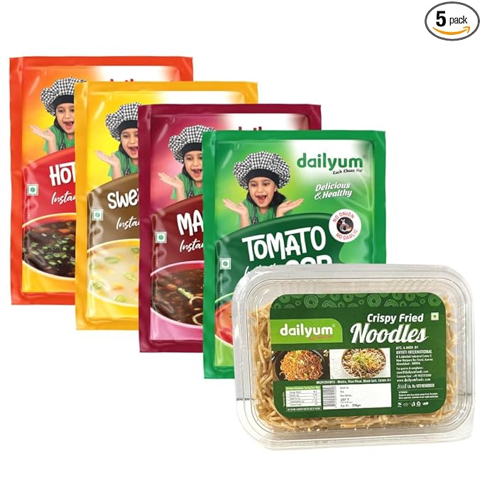 Dailyum Instant Soup Combo of 5 | No Onion No Garlic| Manchow, Sweet Corn, Tomato, Hot N Sour-soup 50g each |Crispy Fried Noodles 200g | Natural | No MSG | Jain