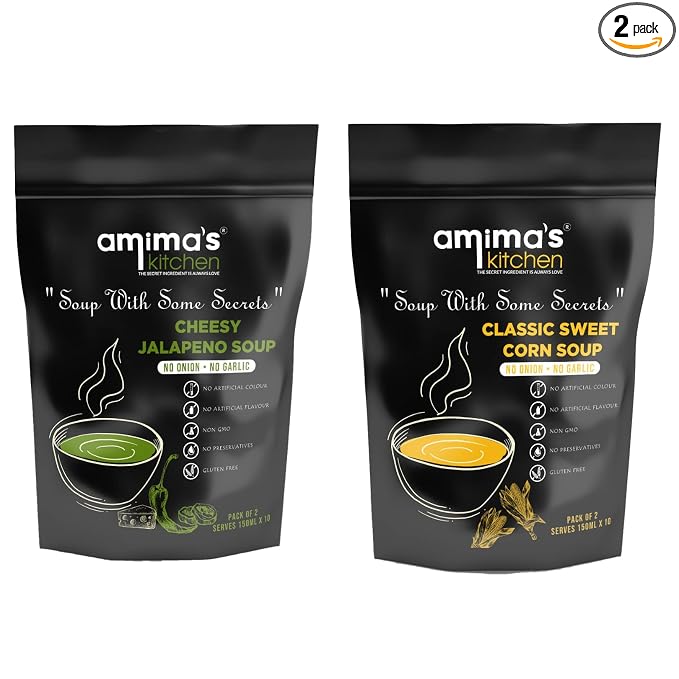 Amima's Kitchen Combo Of Cheesy Jalapeno + Classic Sweet Corn Jain Soup (No Onion No Garlic) - 100 Grams (Pack of 2) | Instant Soup Mix Powder | Ready To Cook | No Artificial Flavour & Colour | Gluten Free | Non GMO | Healthy Soup
