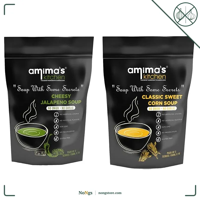 Amima's Kitchen Combo Of Cheesy Jalapeno + Classic Sweet Corn Jain Soup (No Onion No Garlic) - 100 Grams (Pack of 2) | Instant Soup Mix Powder | Ready To Cook | No Artificial Flavour & Colour | Gluten Free | Non GMO | Healthy Soup