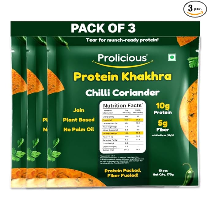 Prolicious Khakhra Chilli Coriander High Protein Khakhra | Upgrade Your Snacking | 10g Protein + 5g Fibre | Same Crunch, Snack Smarter | Plant Based, Jain | No Palm Oil | 170g (Pack of 3)