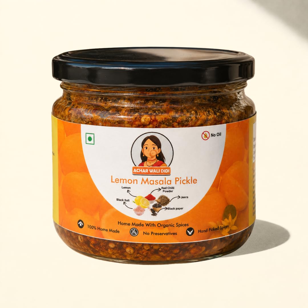 Achar Wali Didi Lemon Masala Pickle in Fresh | Indian Homemade Nimbu ka Achar with No Onion & Garlic | Sour and Salty Oil-Free Pickle | Traditional Didi's-Style Recipe | Organically Processed (300g)