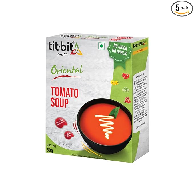 Tit-Bit Tomato Soup Powder Pack of 5 (250g), Instant Chatpata and Spicy Tomato Soup, No Onion No Garlic, Ready-to-eat Soup Packets for Easy Preparation