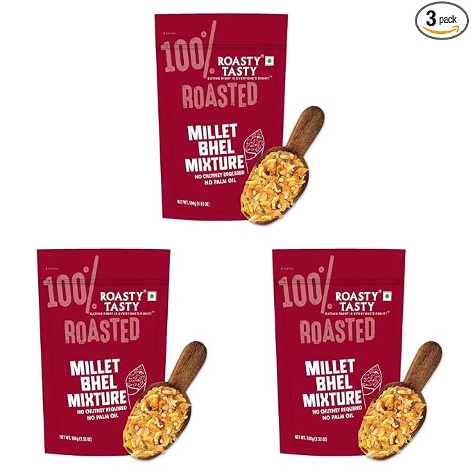 Roasty Tasty Millet Bhel Mix 100g | Ready-to-Eat Healthy Bhel Snack – No Chutney Required | Roasted Namkeen with Millets, Chana & Spices | High Fiber | No Onion No Garlic Bhel Namkeen | Instant Bhel Mix