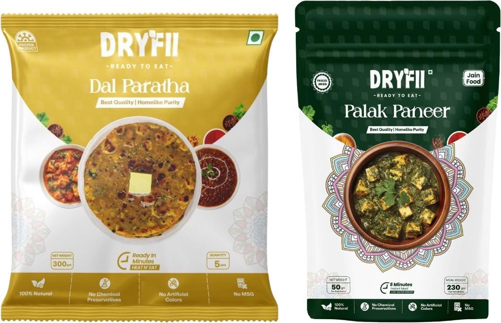 Dryfii Ready-to-Eat Dal Paratha (5 Pcs Parathas) with Jain Palak Paneer | Veg Combo Meal | Pure Vegetarian