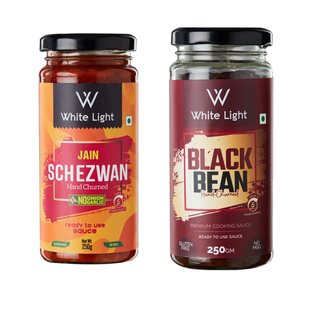 White Light Food Jain Schezwan Sauce and Jain Black Bean Sauce l Vegan and Natural Ingredients l Ready to Eat Healthy Food (Combo Pack of 2, 250g Each)