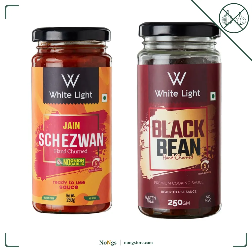 White Light Food Jain Schezwan Sauce and Jain Black Bean Sauce l Vegan and Natural Ingredients l Ready to Eat Healthy Food (Combo Pack of 2, 250g Each)