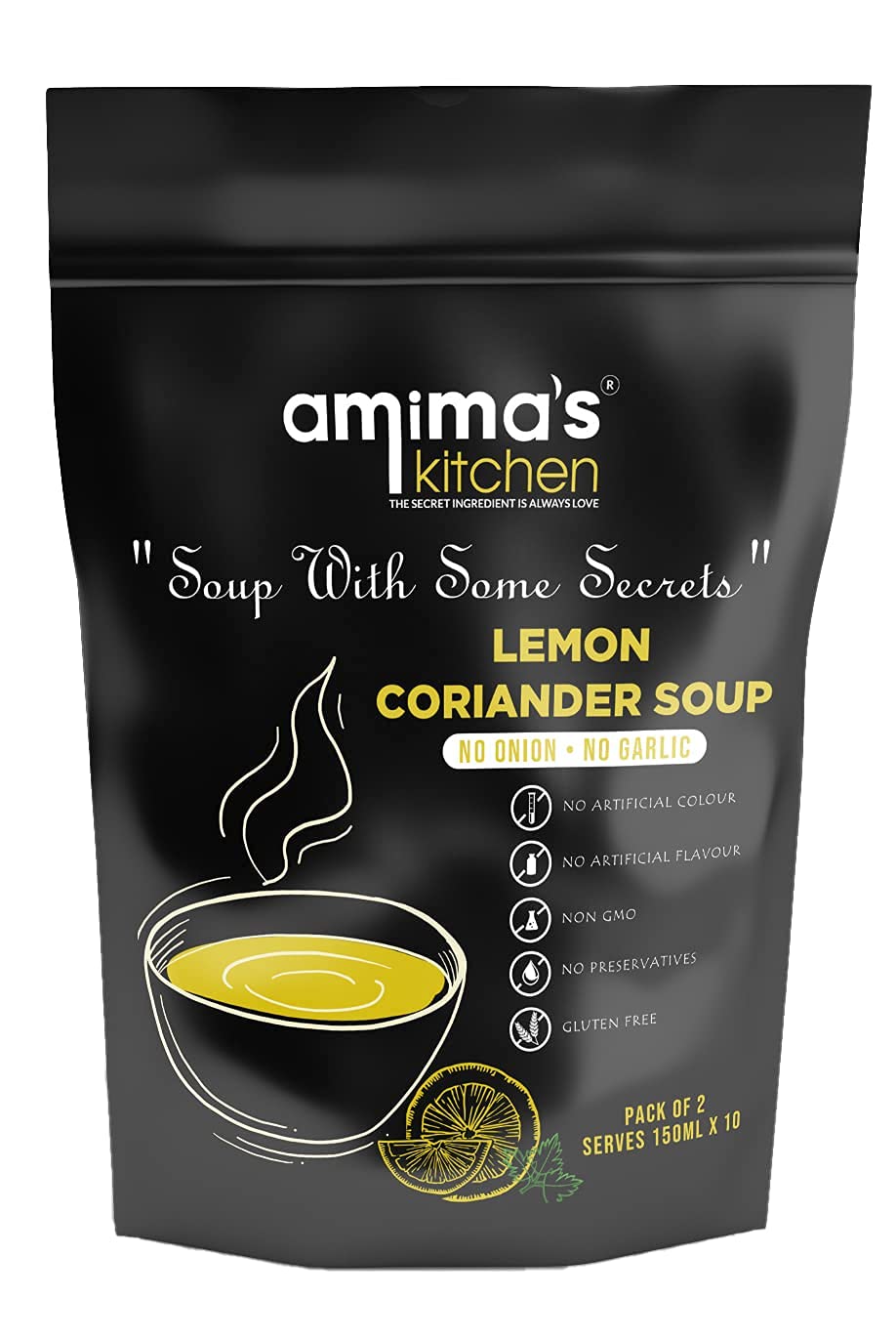 Amima's Kitchen Lemon Coriander Jain Soup (No Onion No Garlic) - 100 Grams [Serves 10] | Instant Soup Mix Powder | Ready To Cook | No Artificial Flavour & Colour | Gluten Free | Non GMO | Healthy Soup