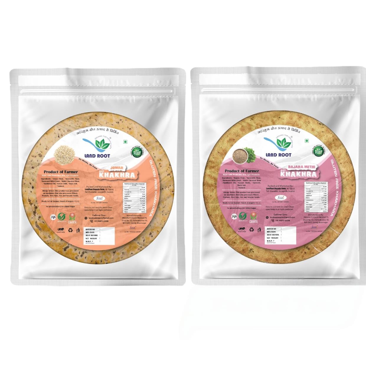 Land Root Gluten Free Bjra Methi & Jowar Khakhra (Pack of Two) 180g each