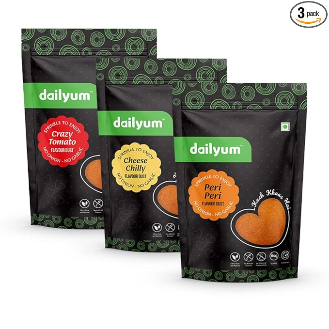 Dailyum | No Onion No Garlic | Crazy Tomato Flavour Dust 70 Gram | Cheese Flavour Dust 70 Gram | Peri Peri Flavour Dust 70 Gram