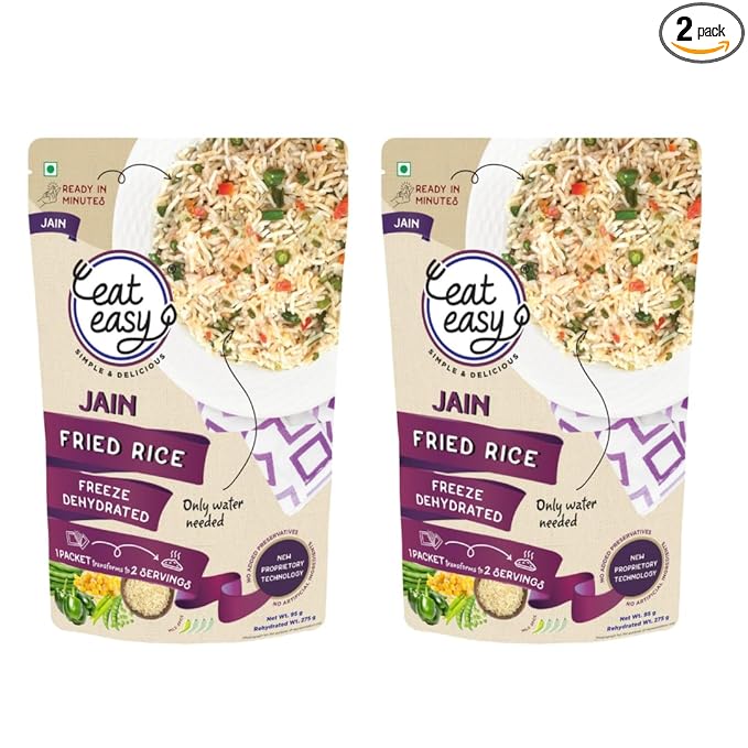 Eat Easy Jain Fried Rice – 95gm (Pack of 2) | No Garlic No Onion Ready to Eat & Cook | Freeze Dehydrated Instant Rice | 100% Veg | No Preservatives | Just Add Water