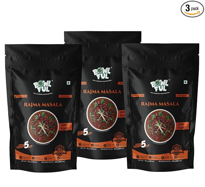 Bowlful Jain Rajma Masala | No Onion No Garlic Kidney Beans Curry | Homestyle Spiced Gravy | Instant Ready Meal | 62g Net Weight (252g After Rehydration) | Pack of 3 | No Added Preservatives & Colours | Microwaveable