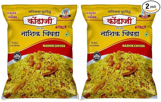 Kondaji Jain Chivda | No Onion No Garlic | Pack of Two (250gm each) | Authentic Crispy Poha Chivda | Crunchy Tea-Time Snack | Namkeen Mixture with Peanuts & Curry Leaves | Traditional Maharashtrian Snack (500g)