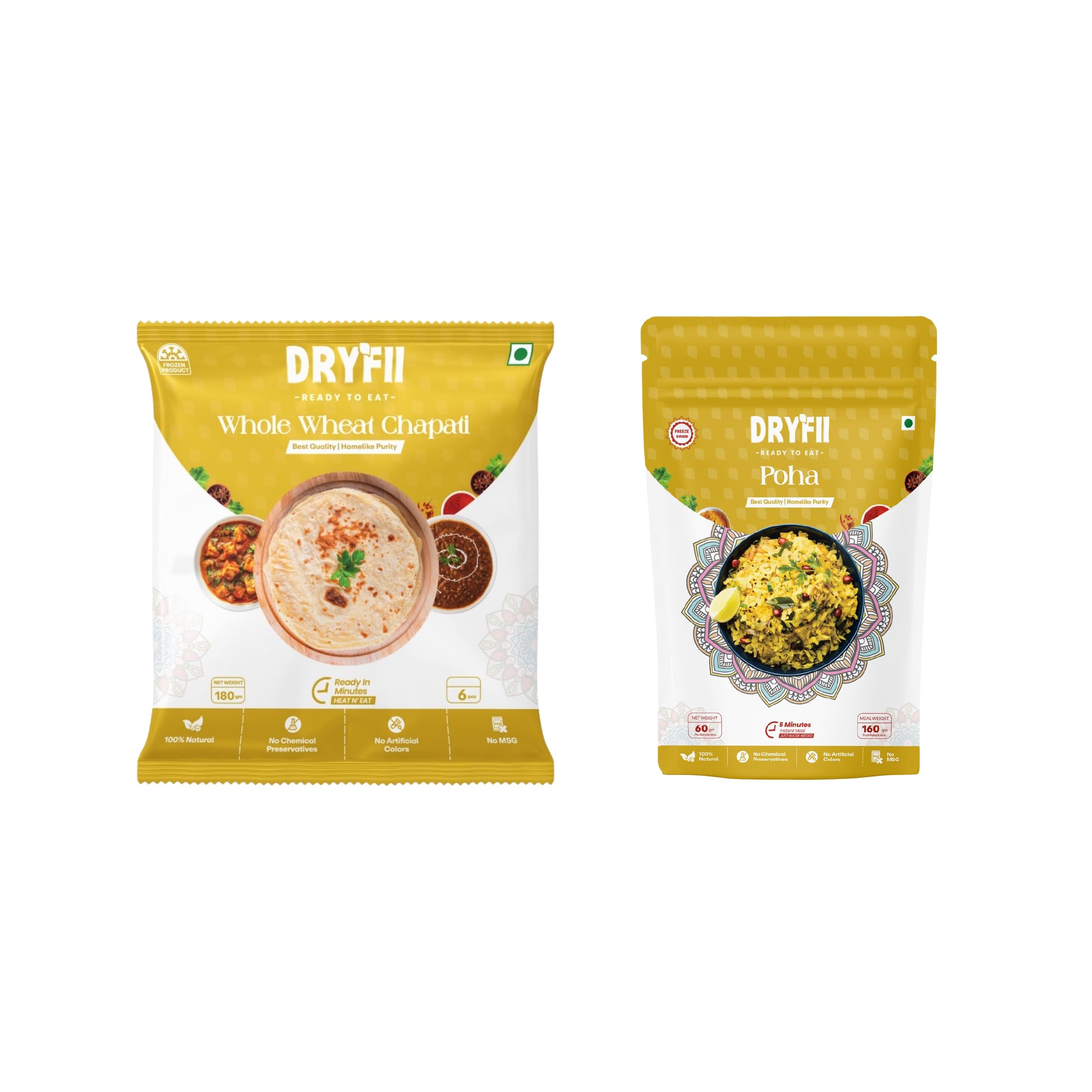 Dryfii Ready-to-Eat Chapati (6 Pcs | 1 Pack) with Jain Poha | No Onion No Garlic Healthy Meal Combo | Light & Easy Digest Indian Food | Instant Travel Pack | Pure Vegetarian