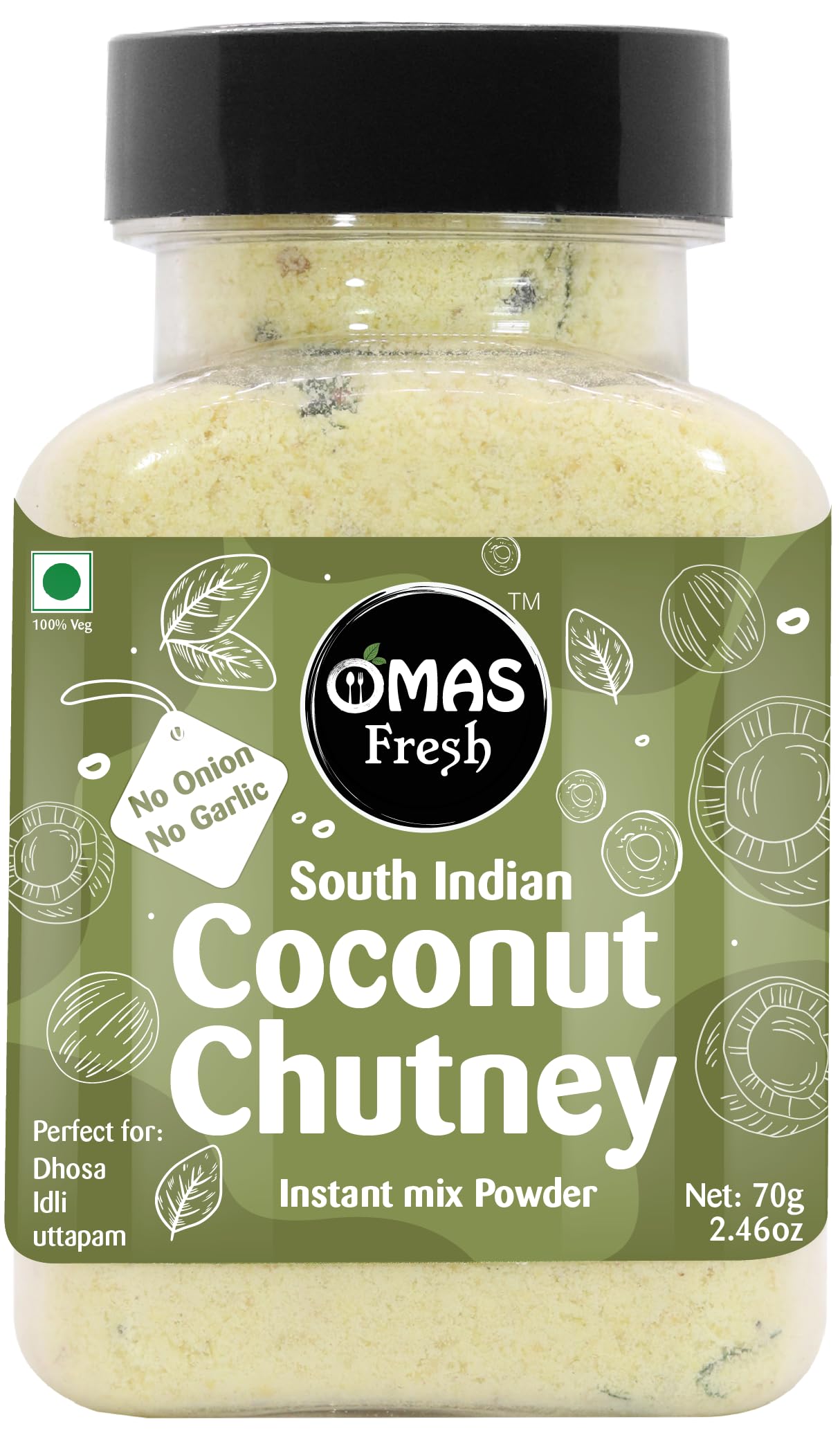 Omas Fresh No Onion, No Garlic South Indian Coconut Chutney Instant Mix Powder Perfect for Dosa, idli, Uttapam (Just Add Curd/Water to Use) (70g, White Coconut Chutney)