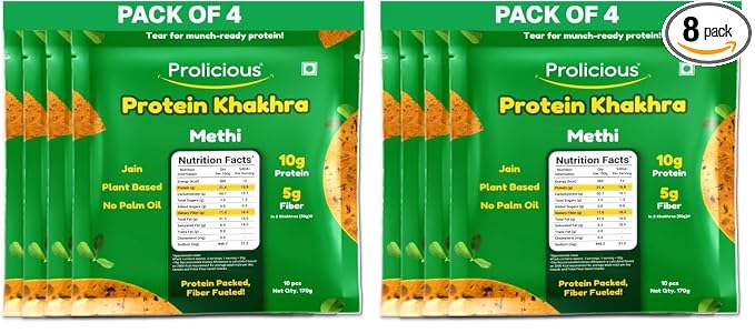 Prolicious Khakhra Methi High Protein Khakhra | Upgrade Your Snacking | 10g Protein + 5g Fibre | Same Crunch, Snack Smarter | Plant Based, Jain | No Palm Oil | 170g (Pack of 8)