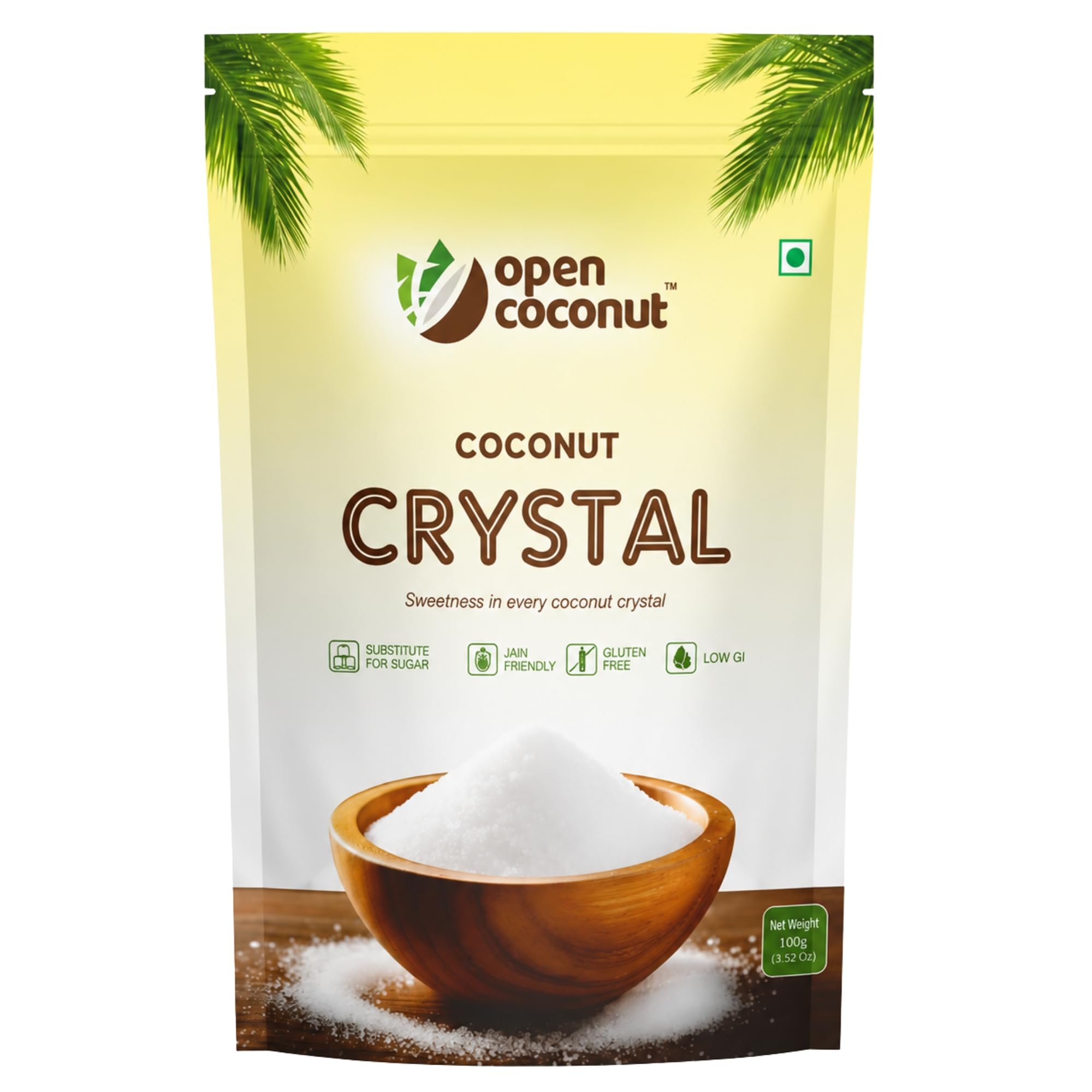Open Coconut CRYSTAL 100g x 1 Pack - Jain Friendly | Natural Sugar Sweetener Substitute | Low Glycemic Index | Gluten, Sugar, Preservative Guilt Free | Perfect for Cake, Baking, Hot Chocolate, Milkshakes & More