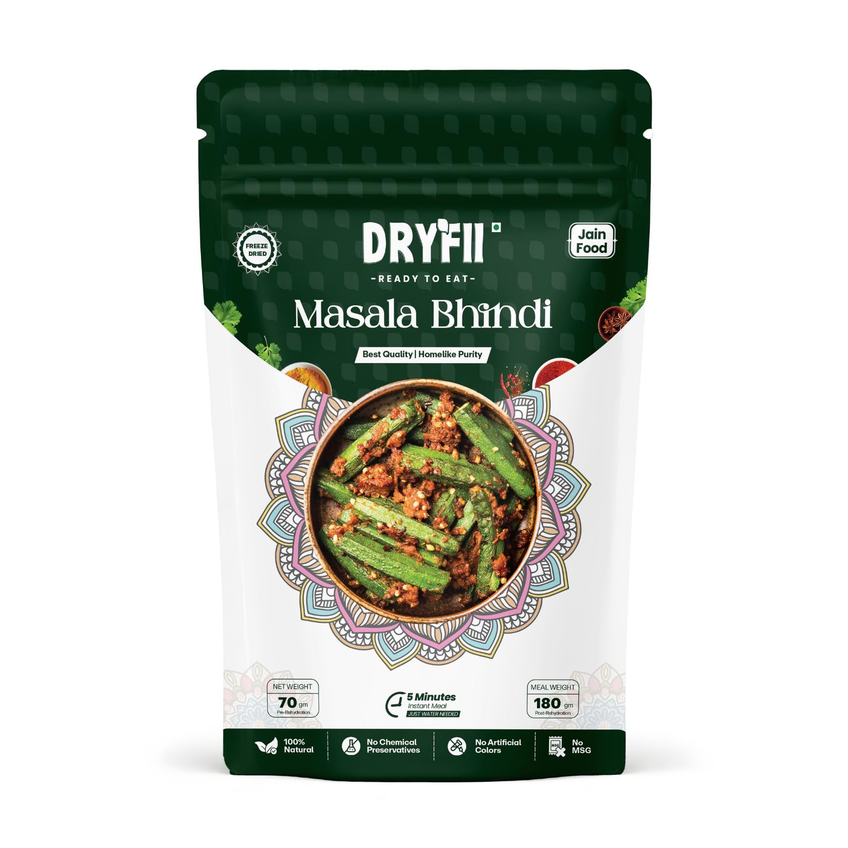 Dryfii Ready-to-Eat Instant Jain Masala Bhindi | Pure Veg | Freeze Dried | No Onion, No Garlic | Rehydrated Weight 180 g