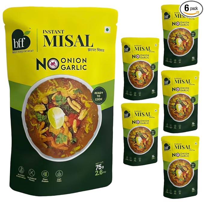 Instant Misal - No Onion, No garlic| Pack of 6 (75g Each) | Spiced Maharashtra-Style Meal | Just Add Water & Heat | Ready in Minutes | Suitable for Breakfast, Lunch, or Snack