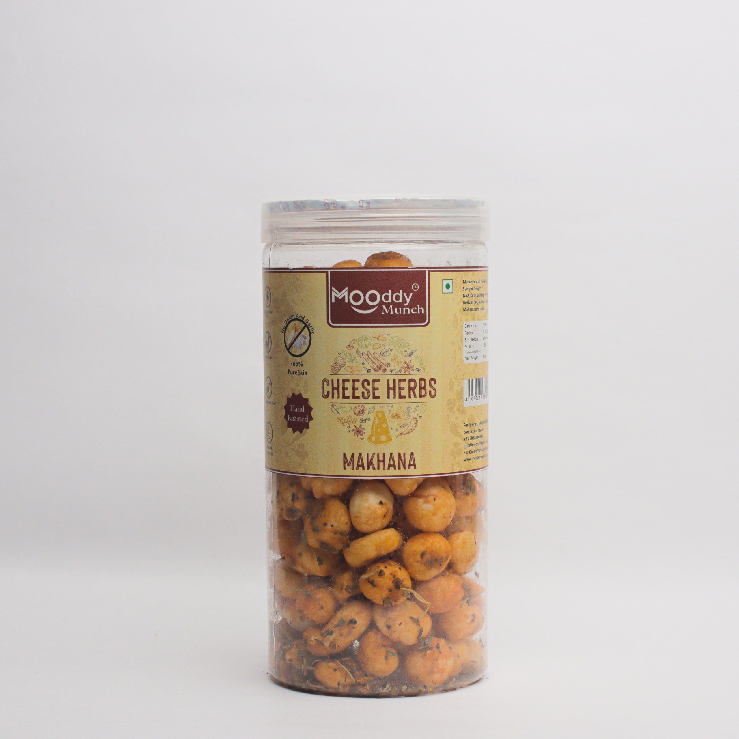 Mooddy Munch Cheese Herbs Jain Flavour & Roasted Makhana/Fox Nuts/Healthy Party Indian Snacks (70g) Jain Variety, No Onion No Garlic