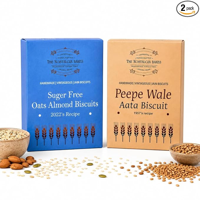 Amba Sugar Free Oats Almond (200g) & Peepe Wale Aata Biscuits (250g) Combo | Handmade Jain Biscuits | Premium Tea-Time Snacks