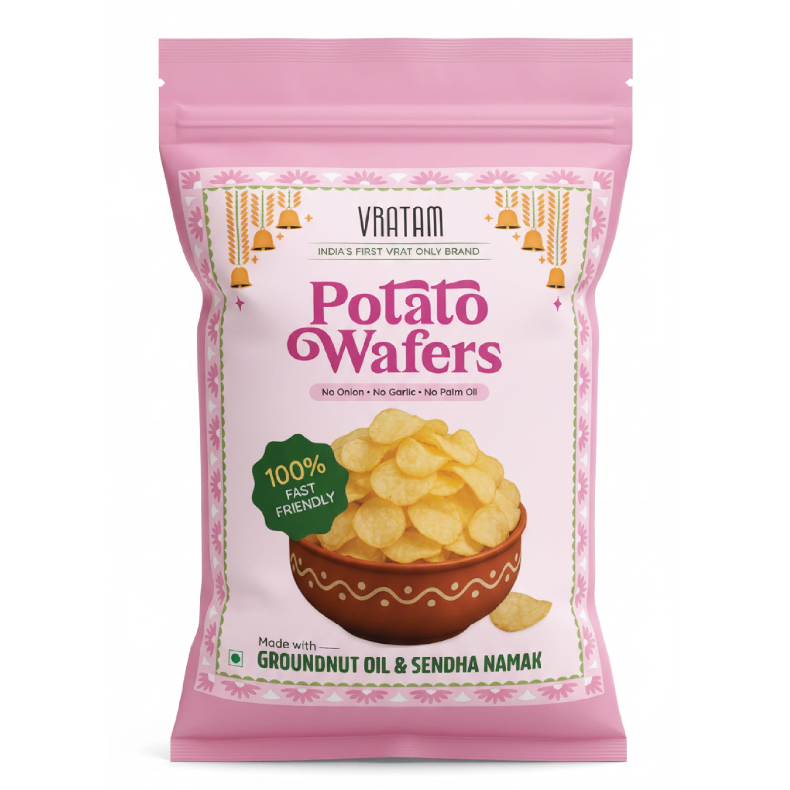 Vratam Potato Wafers | Healthy Namkeen Snacks for Diet | No Onion No Garlic No Palm Oil | Homemade Tasty Potato Chips Made in Groundnut Oil | Sendha Namak Aloo Chips 110G (pack of 1)