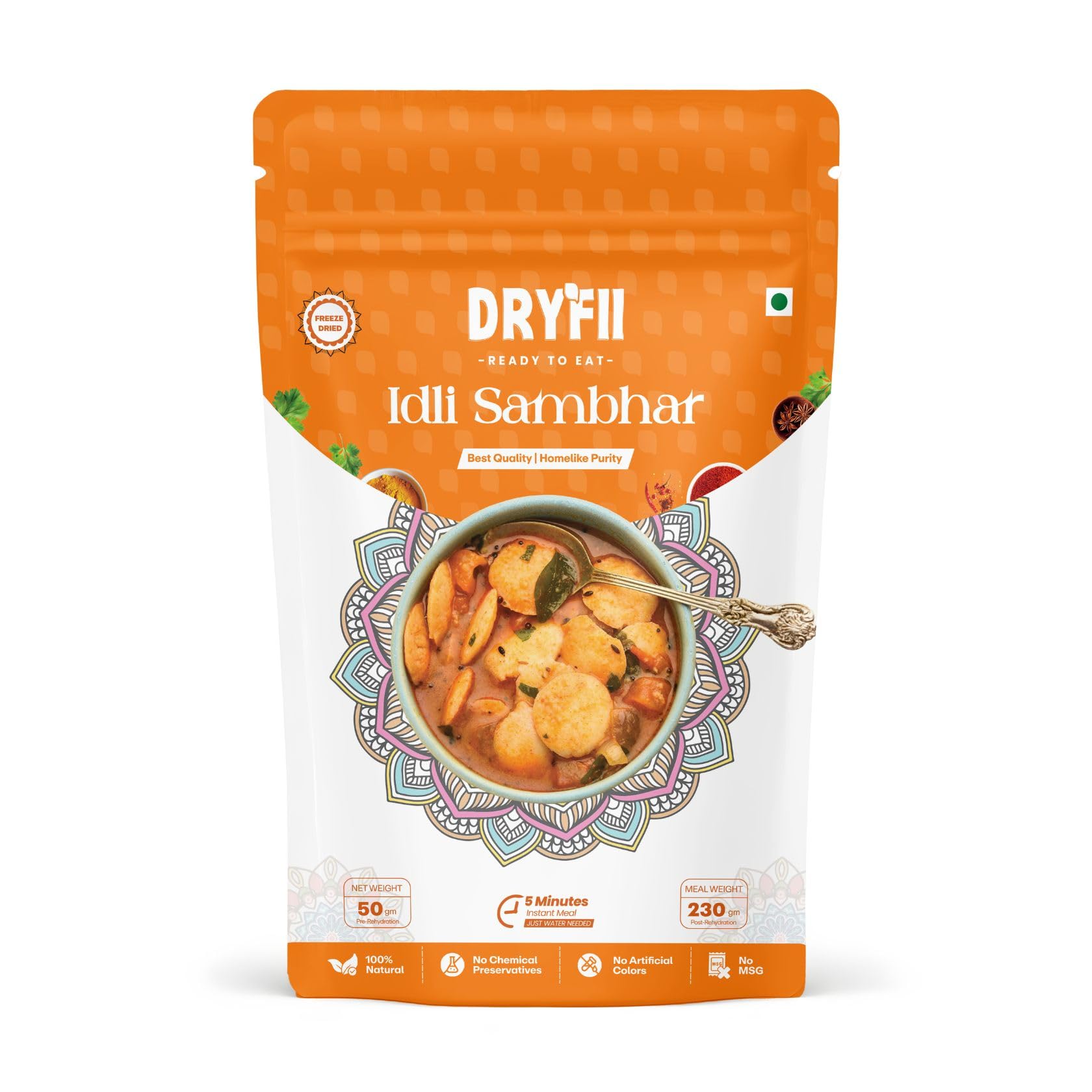 Dryfii Ready-to-Eat Instant Idli Sambhar | Pure Veg | Freeze Dried | Suitable for Jain | Rehydrated Weight 230 g