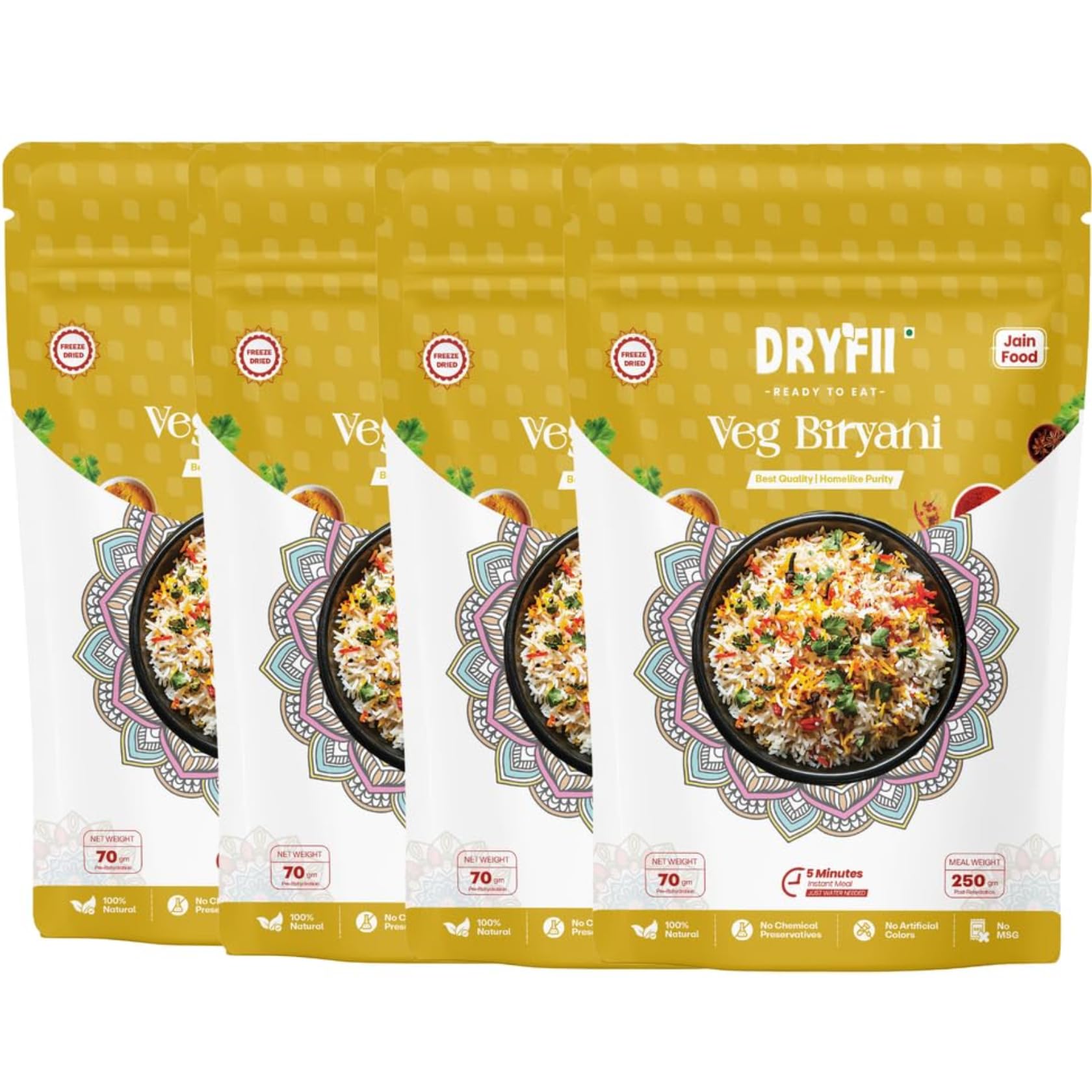 Dryfii Ready-to-Eat Instant Jain Veg Biryani | Pure Veg | Freeze Dried | No Onion, No Garlic | Rehydrated Weight 1000 g ( Pack of 4 )