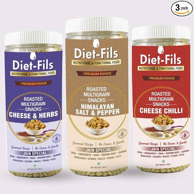 Diet-Fils Roasted Multigrain Snacks | Cheese & Herbs | Himalayan Salt and Pepper | Cheese Chilli | Gluten Free | Zero Transfat | No Onion No Garlic Based | Made with Quinoa Chia Makhana Ragi Gram Amaranth Maize Pearl Millet Rice | Combo (130 gm x 3)