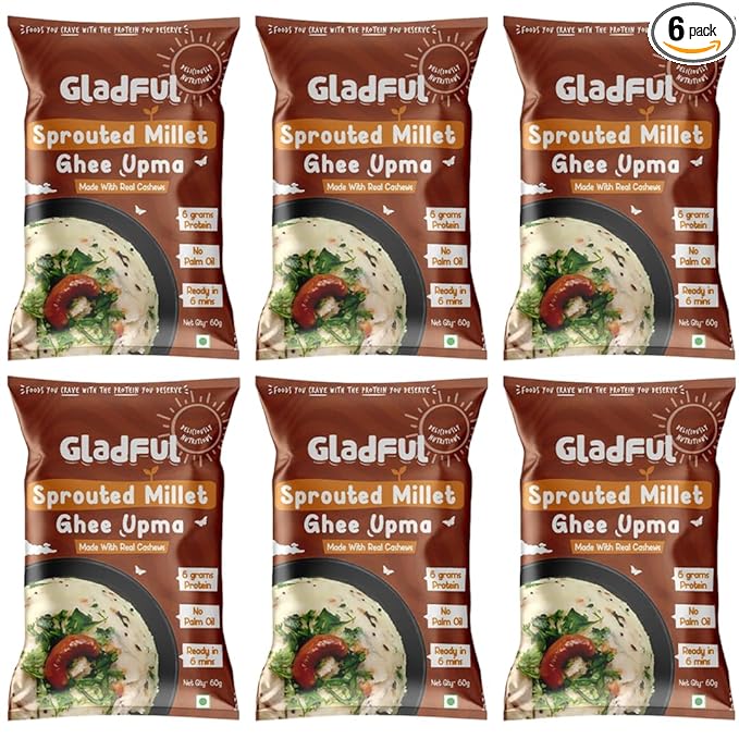 Gladful Sprouted Millet Instant Ghee Upma Mix - No Palm Oil, Trans Fat & Maida - Made with Jawar, Ragi and Suji/Rawa, Ghee & Cashew - Multigrain Protein Breakfast Healthy Snack - Pack of 6 (60g each)