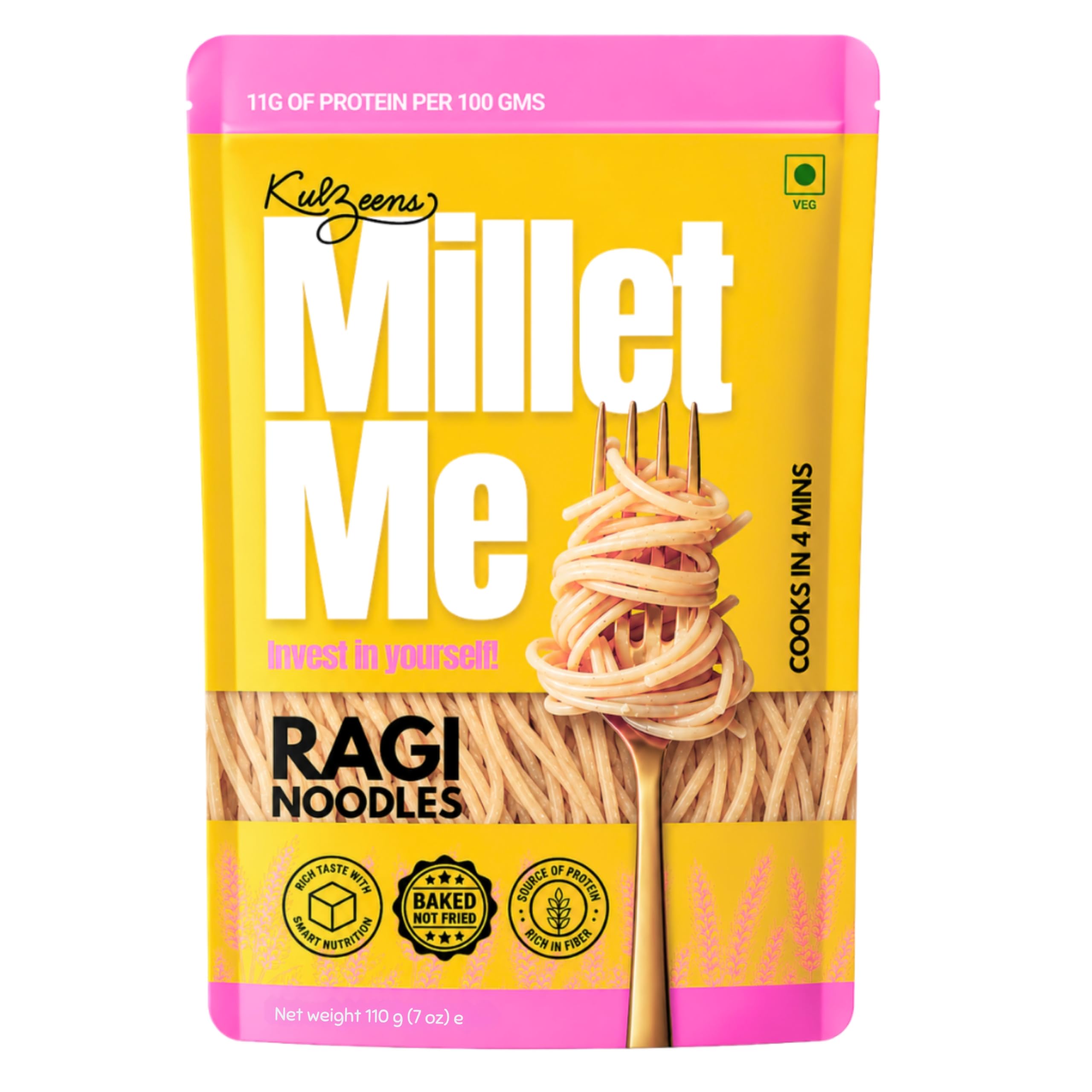 Millet Me by Kuizeens Ragi Noodles - 110G (Pack of 1) |100% Millet Noodle|Protein-Rich | Easy-to-Make | Fresh & Flavourfull | No MSG |No Preservatives|Ready in Minutes | Jain | No Onion & Garlic