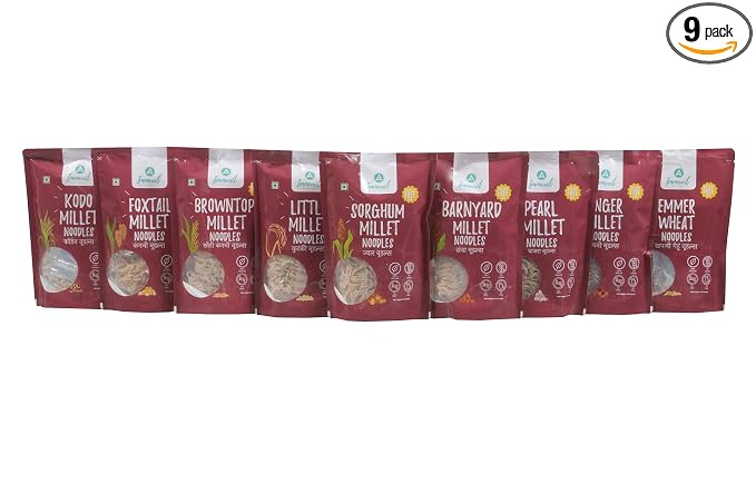 Immunit No Maida Assorted Millet Noodles, Pack of 9 (Ragi, Jowar, Little, Foxtail, Barnyard, Browntop, Kodo, Bajra, Emmer Wheat) | Vegan, Not Fried, No MSG, No Preservatives