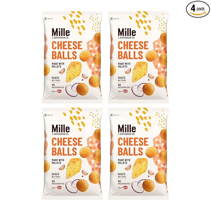 Mille Cheese Balls | 37% Millets | Baked | No Palm Oil | Not Fried, 0 Preservatives | 0 Trans Fat | Healthy Snacks | Naturally Gluten Free | 35g x 4