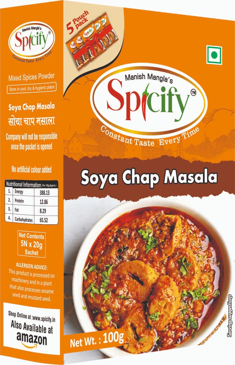 Spicify Soya Chaap Masala Powder 100g | Authentic Natural Flavor with Cumin, Fenugreek & Mustard Seeds | No Onion No Garlic No MSG Blended Spice Mix | Ready Powder Masala