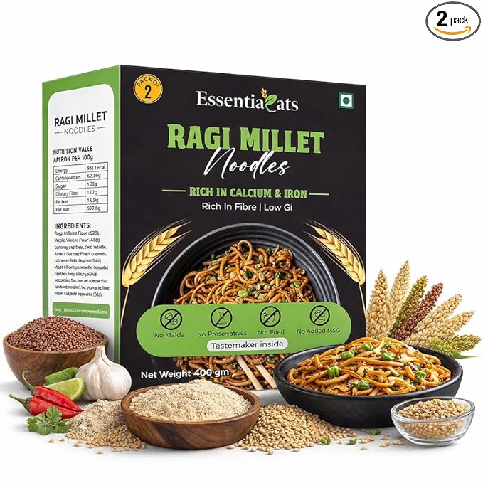 Essentiaeats Ragi Millet Noodles Includes Tastemaker 400g Pack of 2, No Maida Not Fried No Preservatives No MSG Healthy Hakka Noodles Ready to Cook