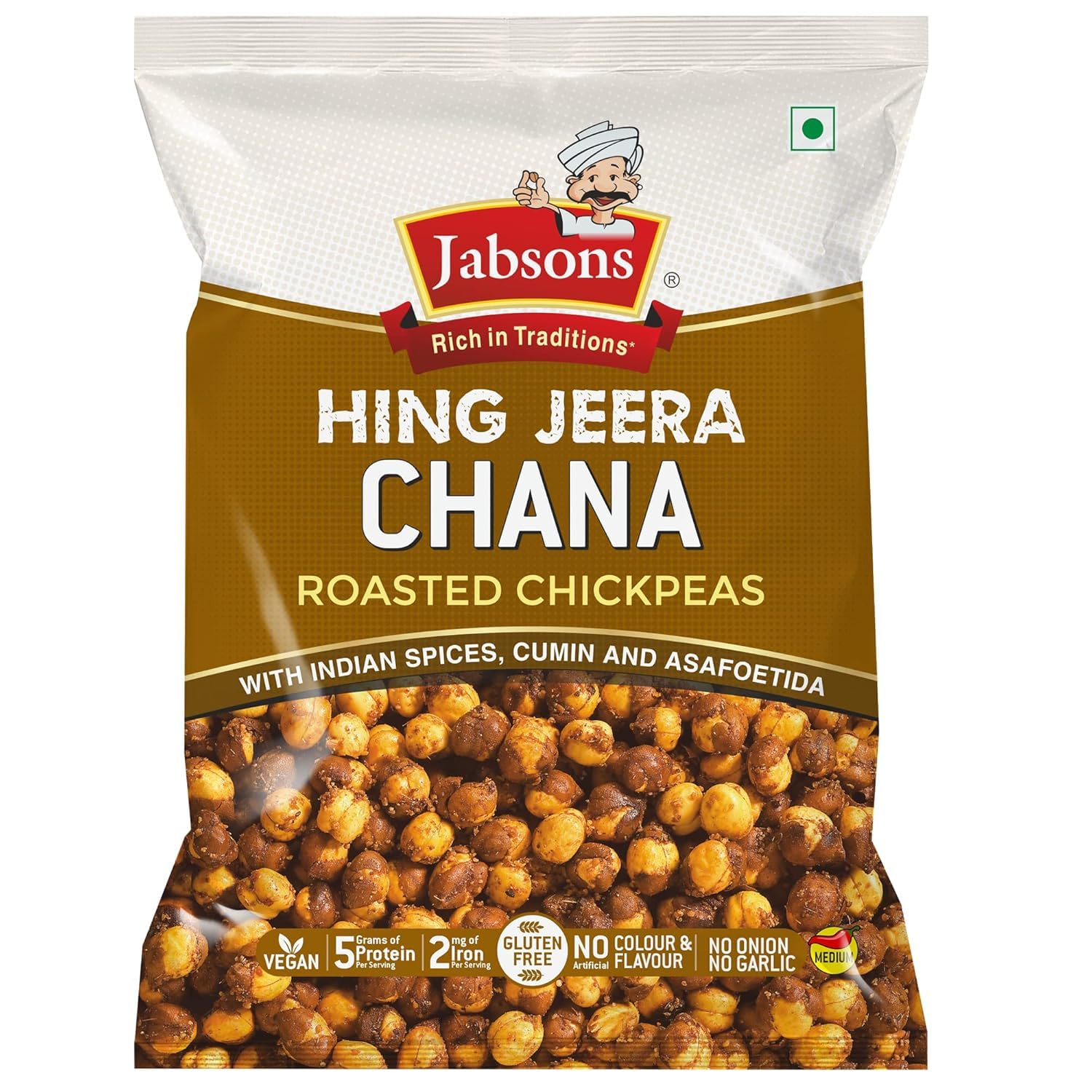 Jabsons Roasted Chana Hing Jeera Flavour - 150gm With No Onion & Garlic | Desi Roasted Namkeen Snacks| Gluten-Free Crunchy Protein Snack | Heeng Jeera Bhuna Chana - Ready to Eat