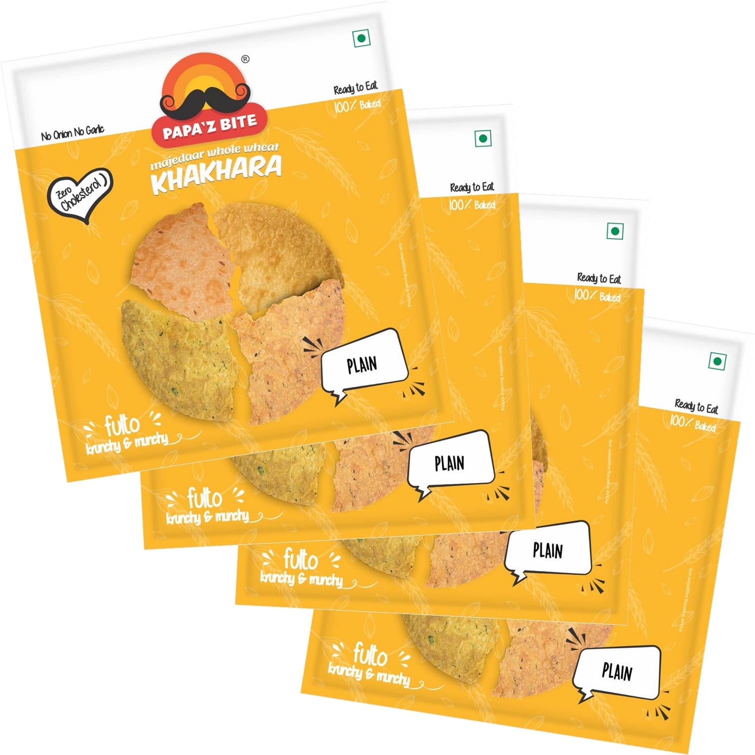 Papa'z Bite Plain Khakhra, Ready to Eat Gujarati Snacks, Pure Jain Khakhra, Healthy Gujarati Snacks, Pack of 4, 180g Each.