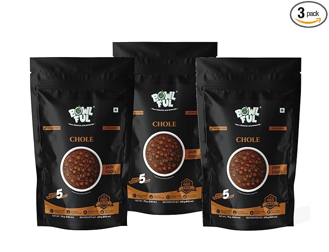 Bowlful Jain Chole | Ready-to-Eat Meal | No Onion No Garlic Chickpea Curry with Traditional Indian Spices | 75g Net Weight (250g After Rehydration) | Pack of 3 | No Added Preservatives & Colours | Microwaveable