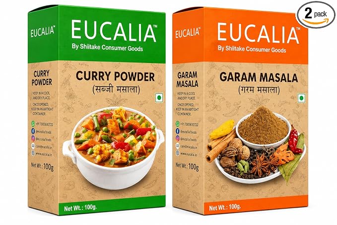 EUCALIA SATTVIK (No Onion No Garlic) Daily Use Masala Combo, Curry Powder (Sabji masala) 100g & Garam Masala 100g Combo | Suitable for Daily Cooking & Rich Mughlai Dishes | Aromatic Spice Blend for Curries, Grills, Gravies| 100% Vegetarian