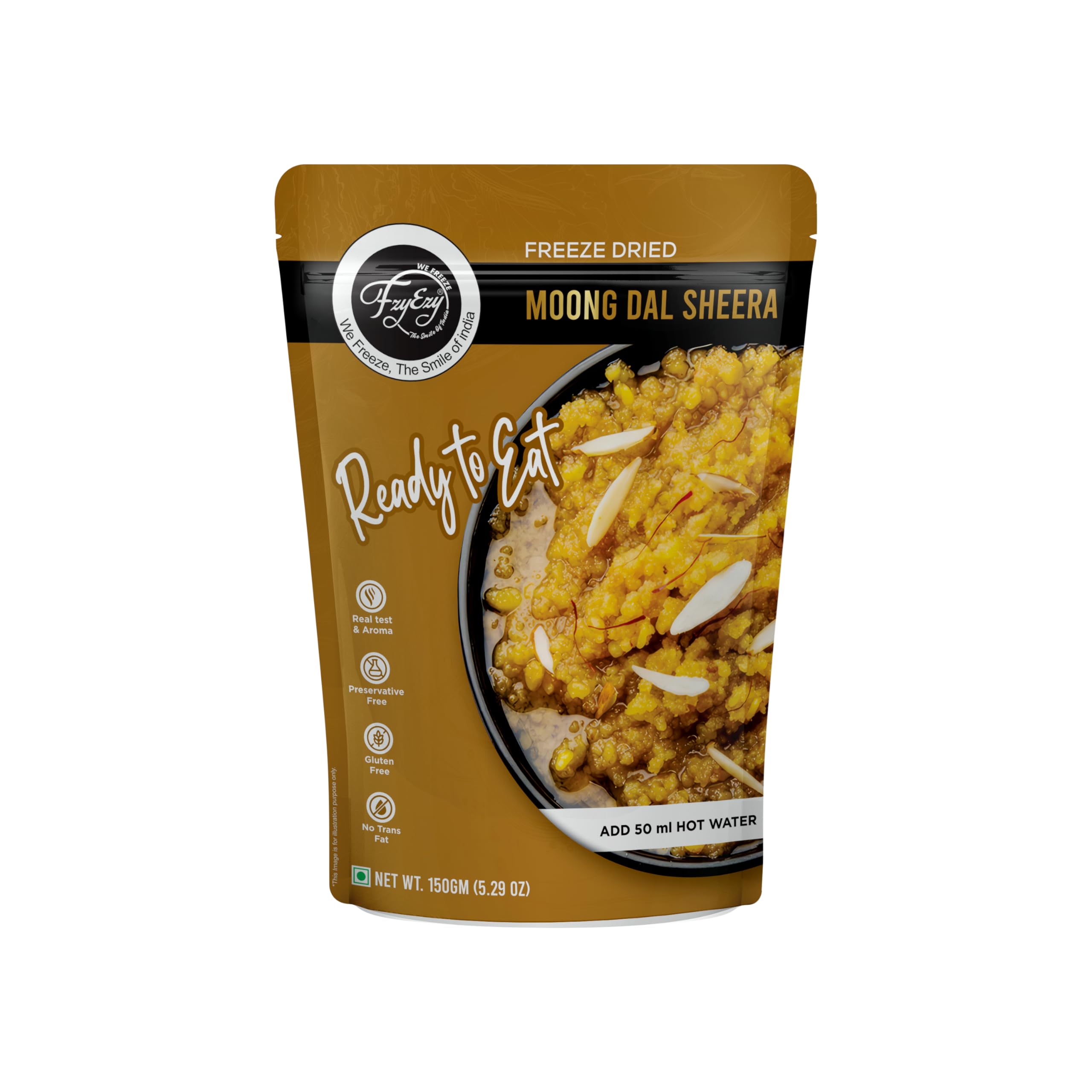 FzyEzy Freeze-Dried Moong Dal Sheera | Instant Gourmet Delight Traditional Indian Dessert | Ready-to-Eat | Instant Meal | Indian Cuisine | Delicious & Convenient Snack or Dessert | 150gm