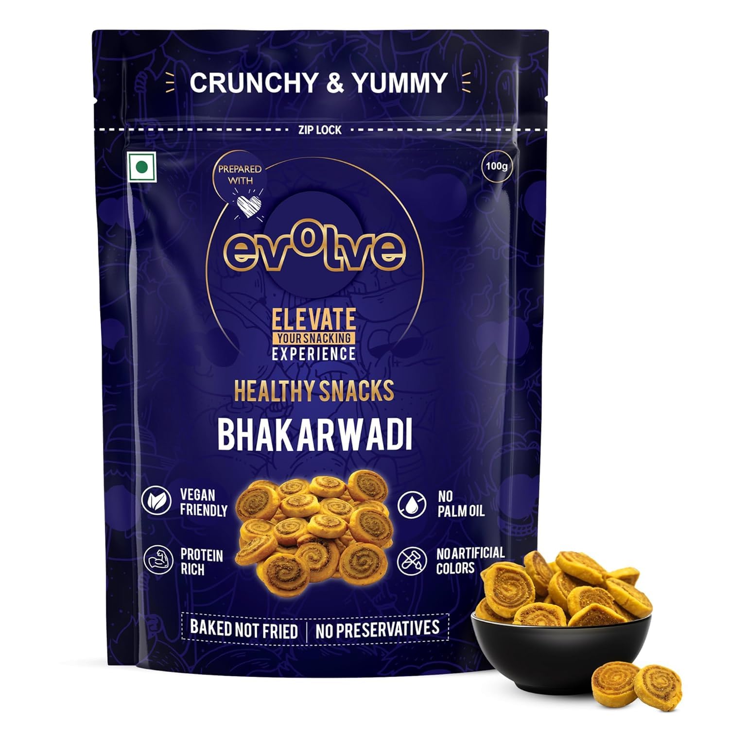 Evolve Baked Bhakarwadi Healthy Snacks for Kids, Adults | Gluten Free, No Artificial Colors or Preservatives, Freshly Made, Ready to Eat, Crunchy Masala Flavor - 100g