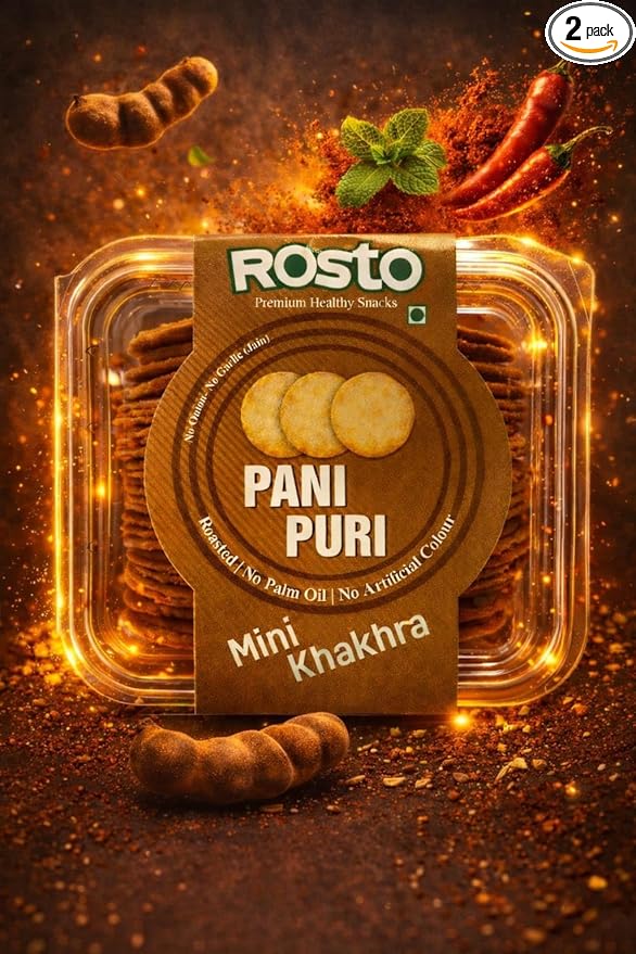 Rosto Pani Puri Mini Khakhra, Roasted, No Palm Oil, No Artificial Colour, tea time snack, Crispy Indian Roasted Snack, 200 g (Pack of 2) total 400g